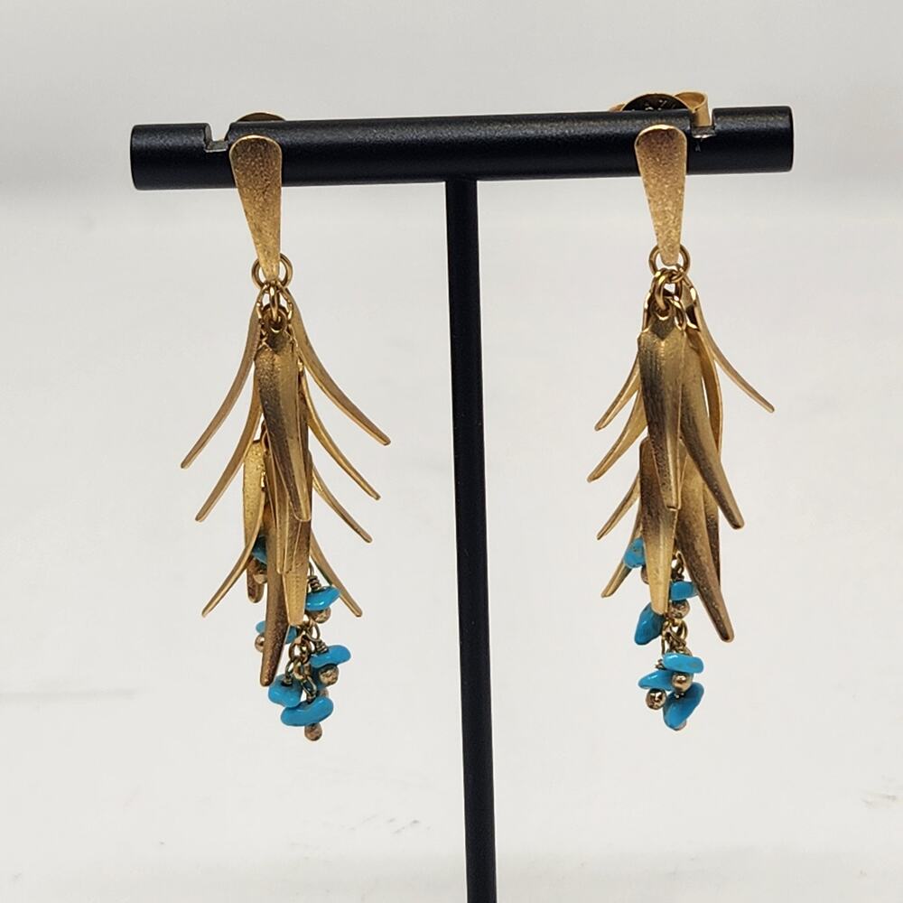 Rivka Friedman RF Brushed Gold Tone Fringe Dangle Earrings Blue Stones Brazil